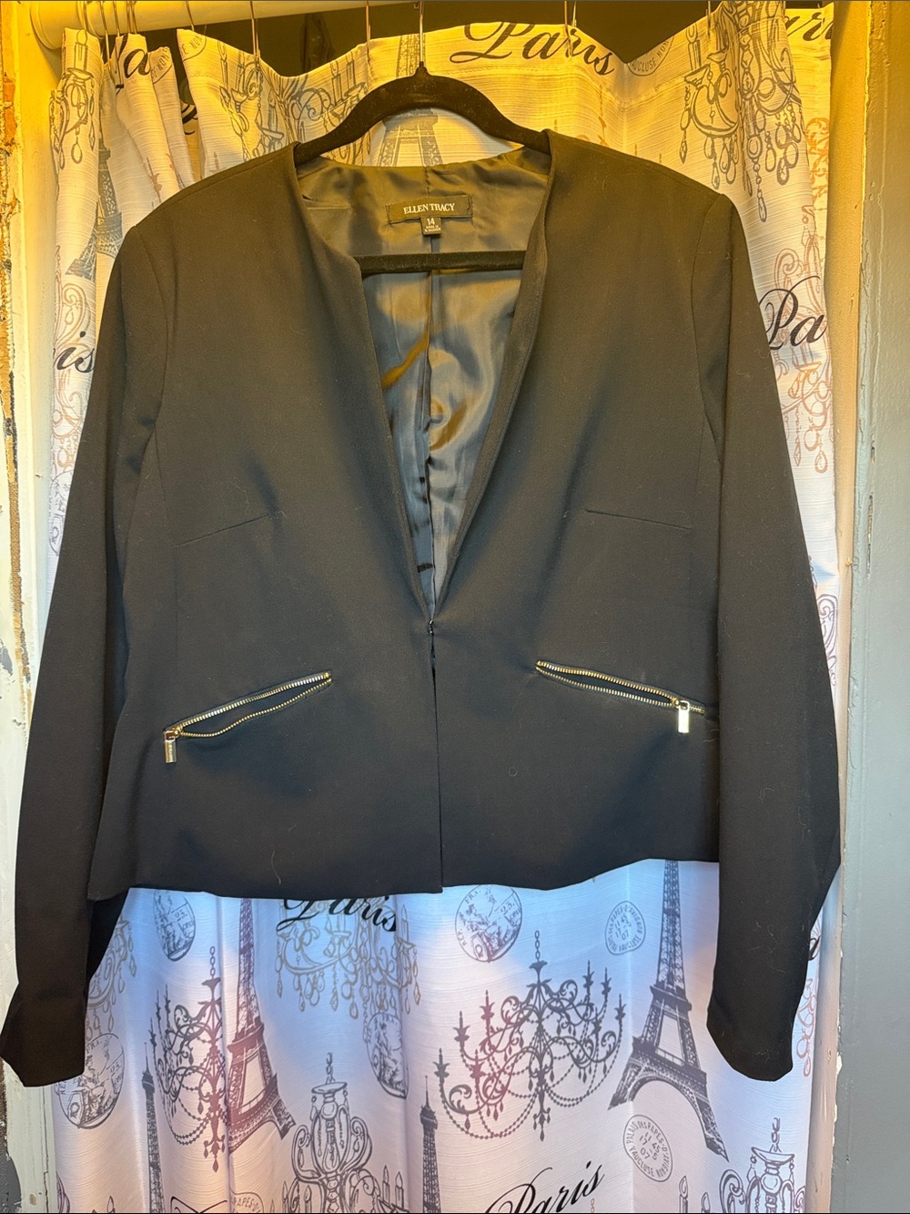 Ellen Tracy Black Open-Front Blazer with Gold Zip Pockets